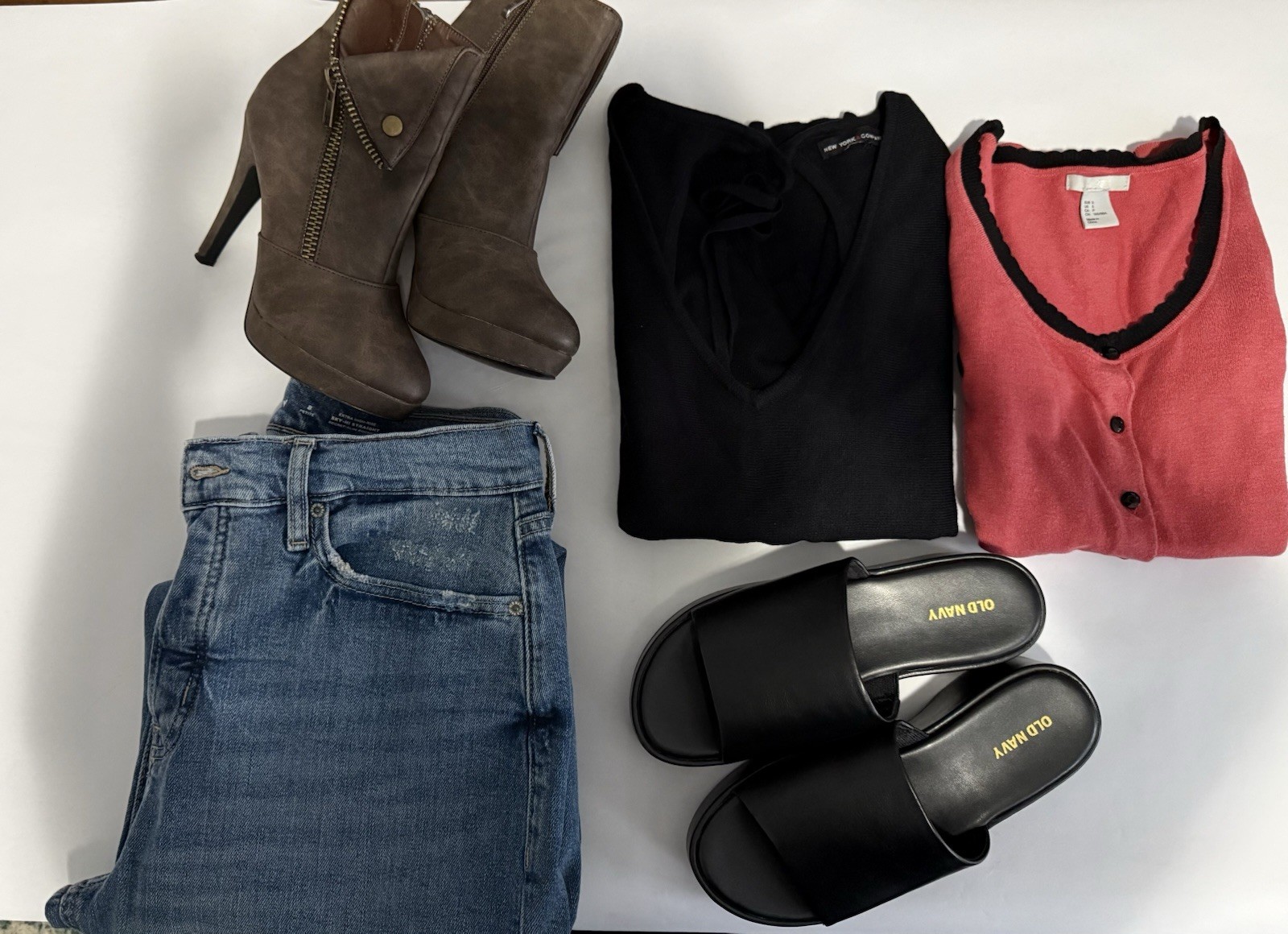 2 Lips Too Boots 6.5W, Old Navy Sandals 6.5, Old Navy Jeans, H&M Cardigan S