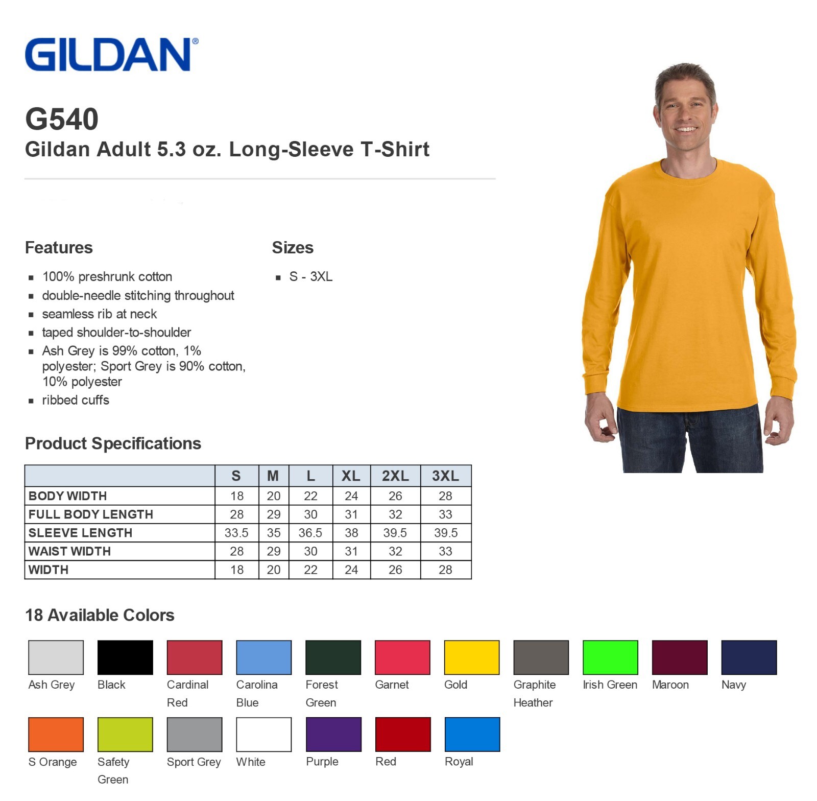NEW 4 Pack Gildan Men&rsquo;s Heavy Cotton 5.3 oz Long Sleeve T-Shirt P4-G540