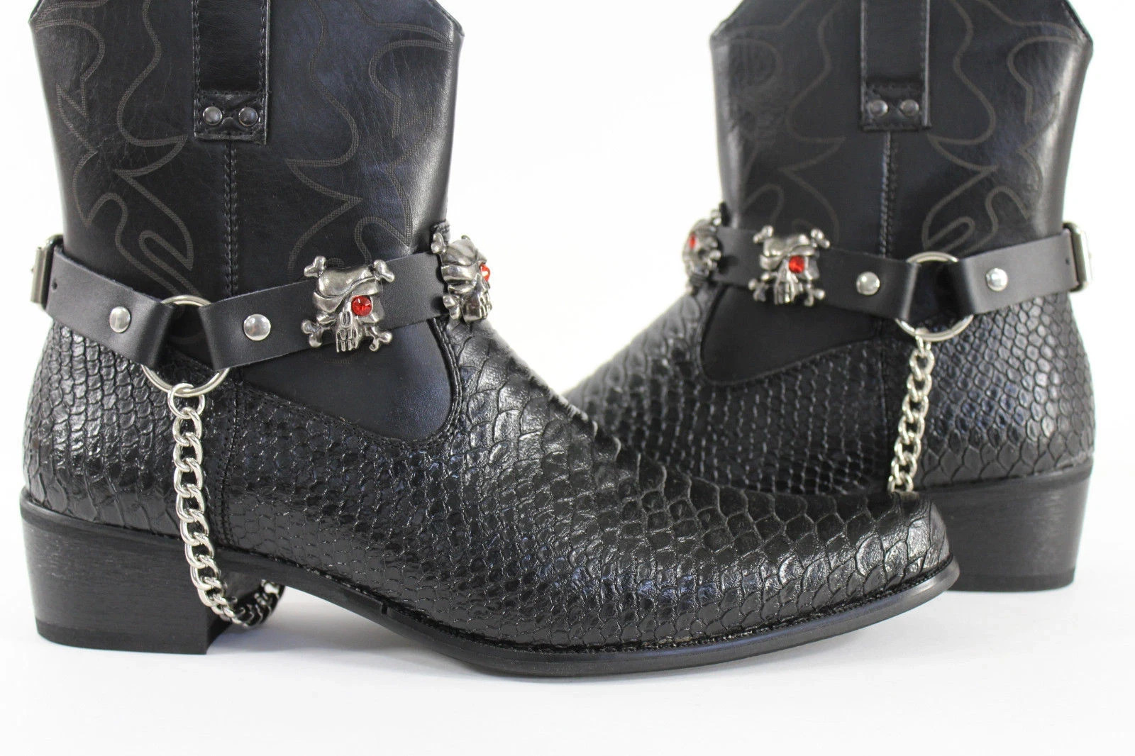 Men 2PCS Boot Straps Silver Chain Pair Black Faux Leather Pirate Skull Charms