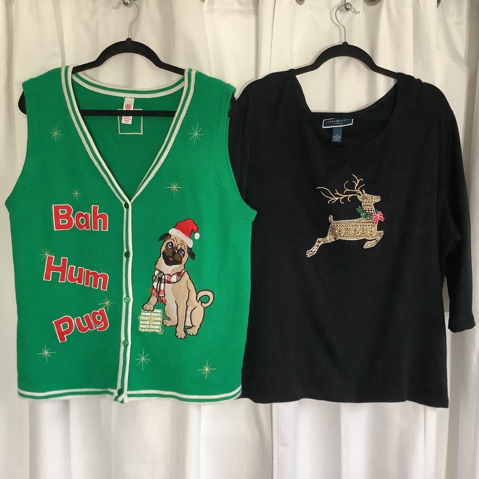 Ugly Christmas Sweaters Sz 2X Sparkly Black 3/4 Sleeve Rudolph & XL Pug Dog Vest