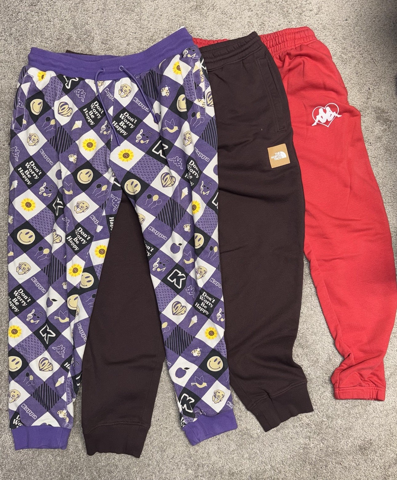 Kappa Red Graphic Joggers XL & purple kappa XL ,North Face Brown Joggers XXL,