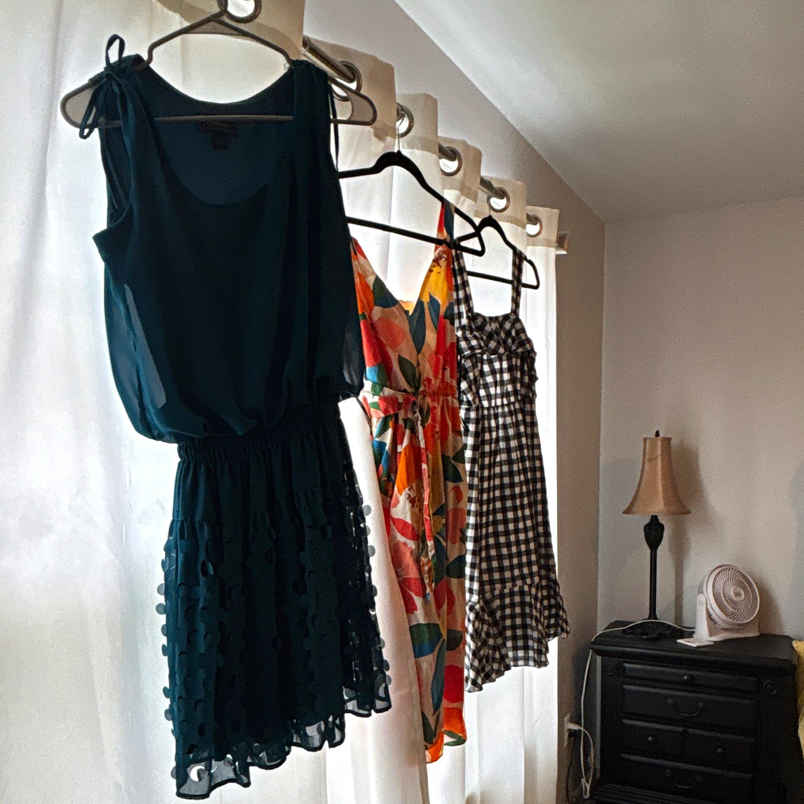 Lot of 3 Women’s Dresses 12-V. Camuto Floral, J. CrewGingham Black, and Teal