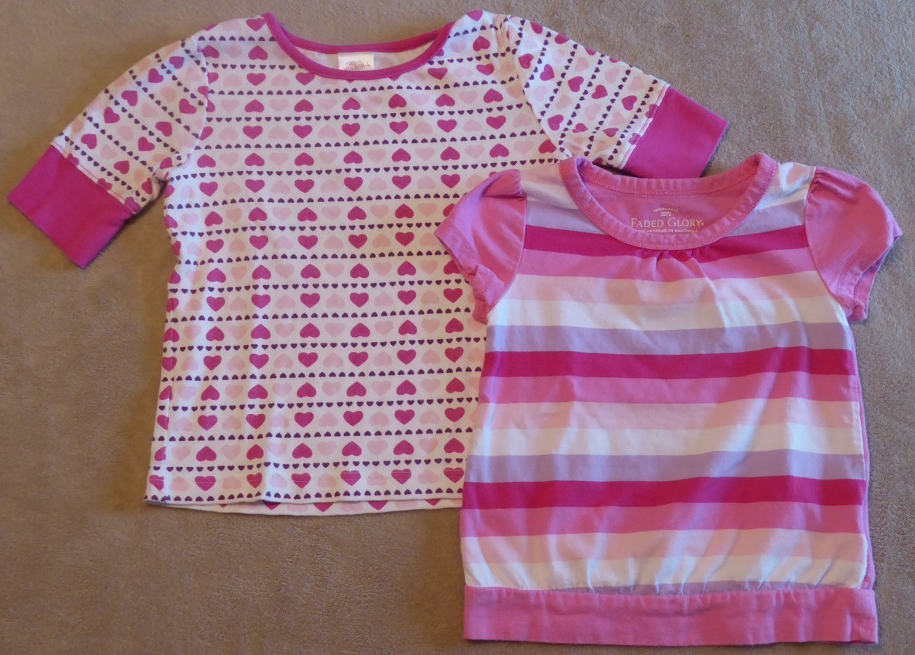 Girl&rsquo;s Clothes Lot Size 4- Pink hearts, Stripes. short sleeve tops 100% Cotton.