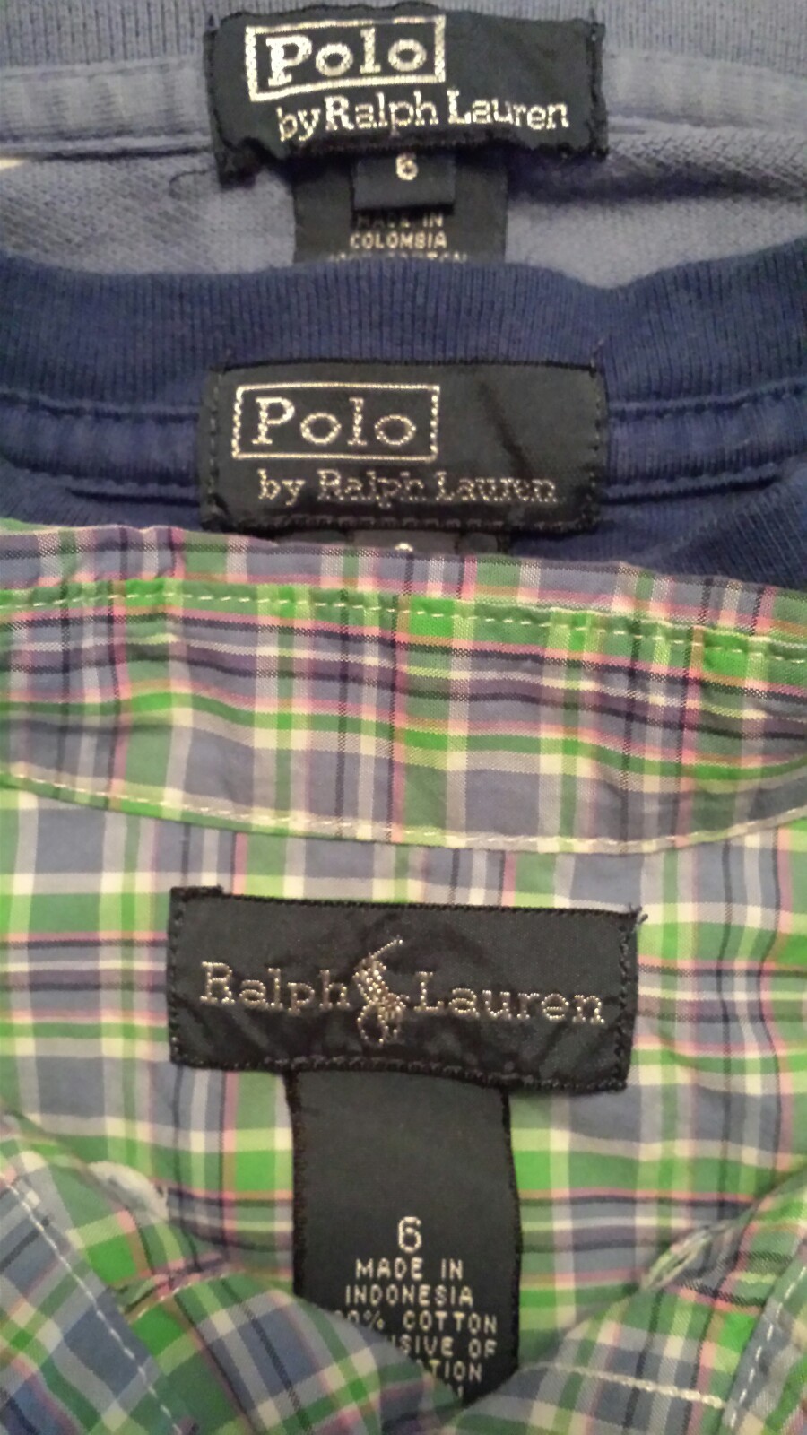 Lot 3 Ralph Lauren Polo Sz 6 Blue Solid Plaid Striped Short & Long Sleeve Shirts