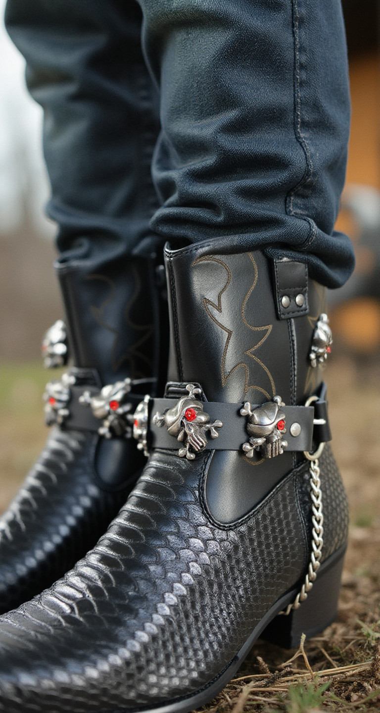 Men 2PCS Boot Straps Silver Chain Pair Black Faux Leather Pirate Skull Charms