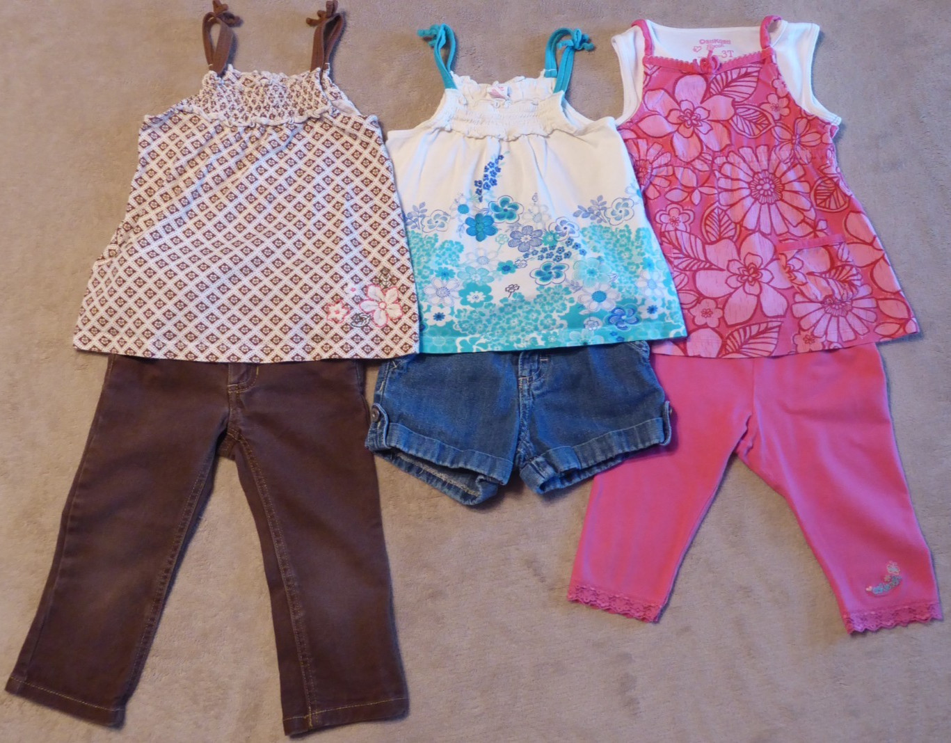 Girl&rsquo;s Clothes Lot Size 3T- 100% Cotton Tops. Coral, Turquoise, Brown. Denim.
