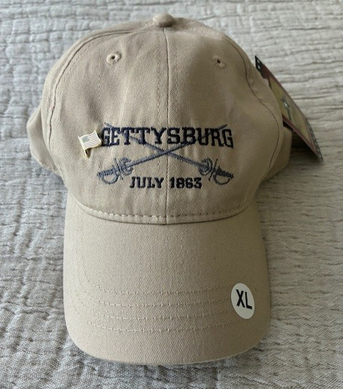 2017 GETTYSBURG NWT XL CAP W/FLAG PIN; NWOT XL NAVY BLUE COTTN T-SHIRT ORIG. OWN