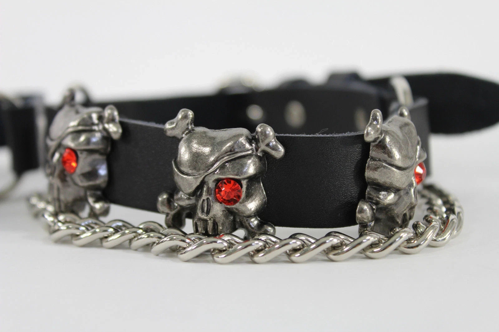 Men 2PCS Boot Straps Silver Chain Pair Black Faux Leather Pirate Skull Charms
