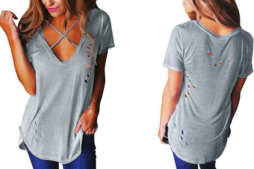 WHOLESALE BULK LOT 10 MIXED COLOUR SIZE Ripped Basic T-Shirt Tee Blouse T058