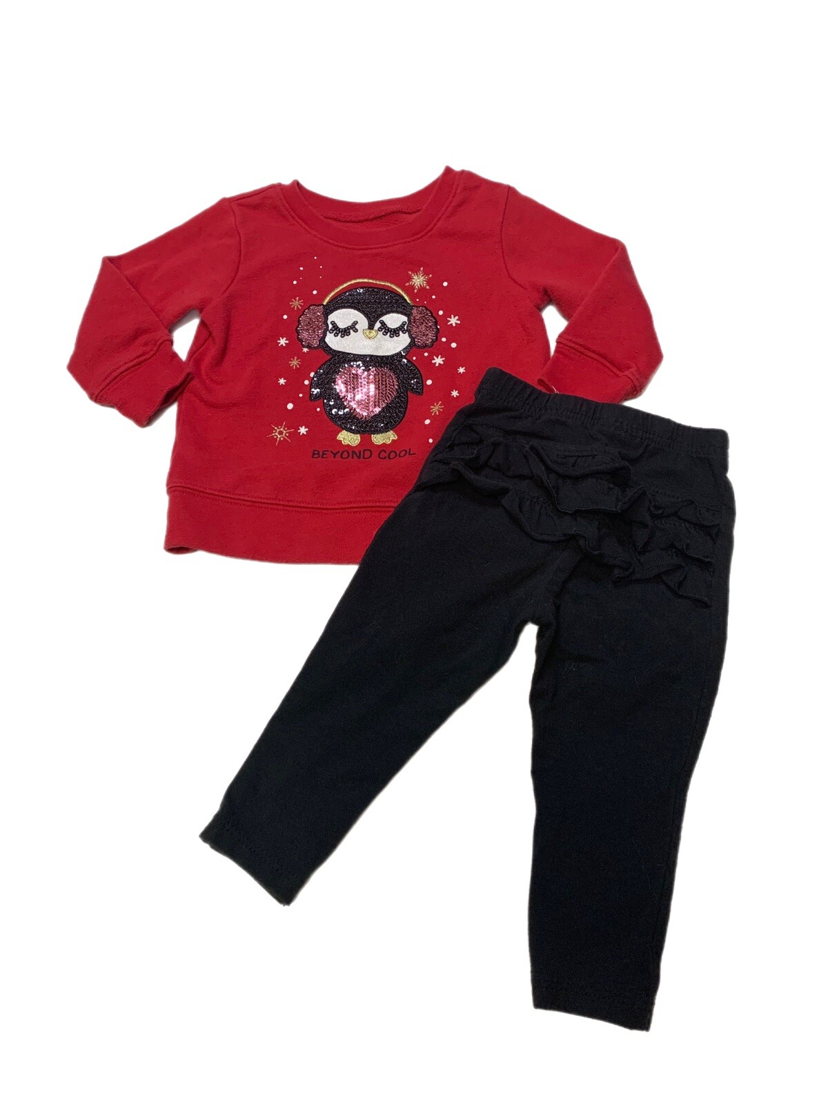Girls Garanimals Red Sequin Penguin Long Sleeve Shirt & Black Ruffle Pants 12M