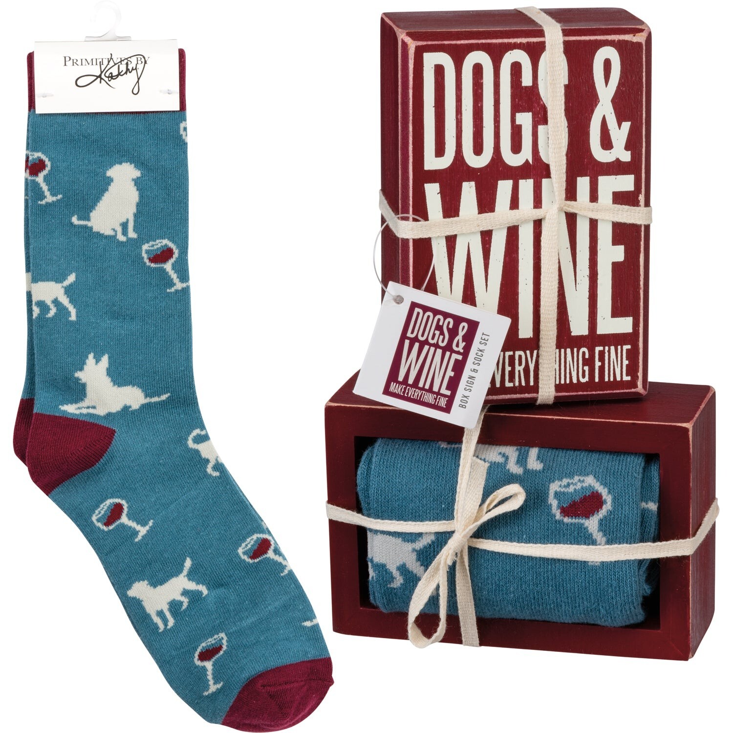 Dogs & Wine Make Everything Fine Socks & Box Sign Gift Set – Primitives by Kathy