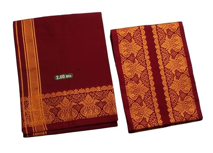 Cotton Men&rsquo;s Single Dhoti 2 Mtrs Mundus Lungi with Gamcha Kalasam Border Mango