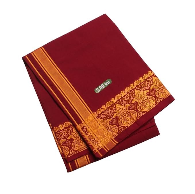 Cotton Men&rsquo;s Single Dhoti 2 Mtrs Mundus Lungi with Gamcha Kalasam Border Mango