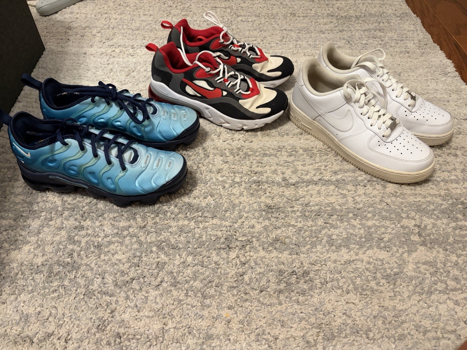 3 Pairs of Nike shoes: Air Force 1 White, Air Vapormax Plus Blue, Air Max 270