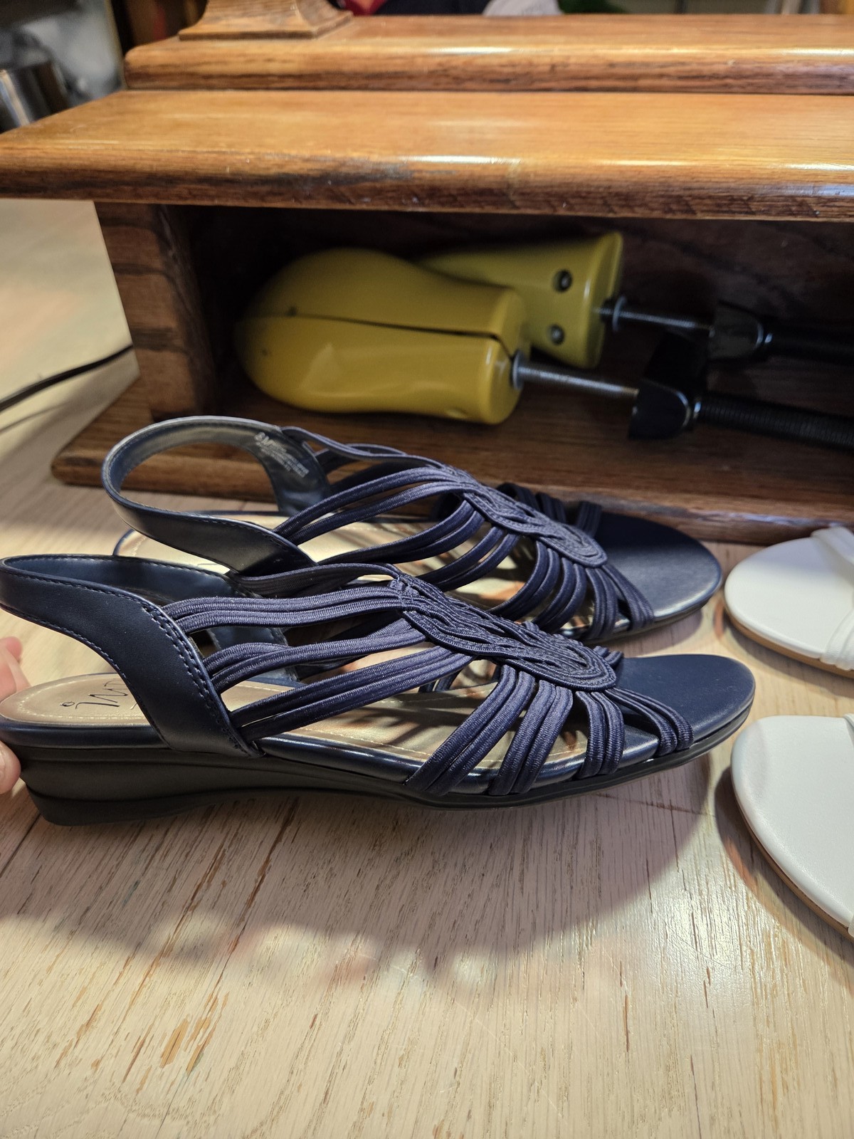 IMPO Stretch Regina Womens Sandals Size 8M Navy Blue White Strappy Wedge