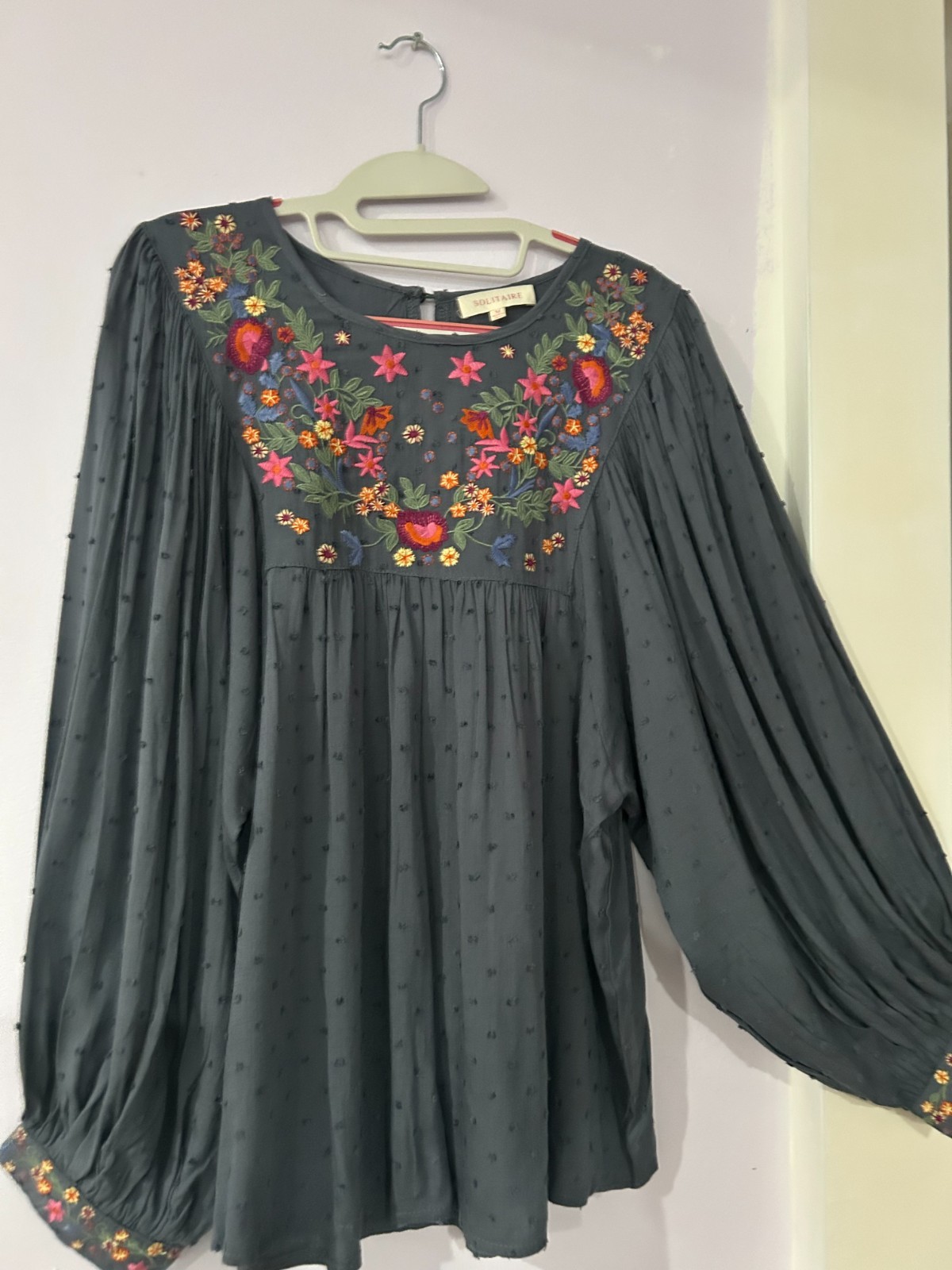 clothing lot women&rsquo;s beautifully gray blue with hand art ad to the fabric.
