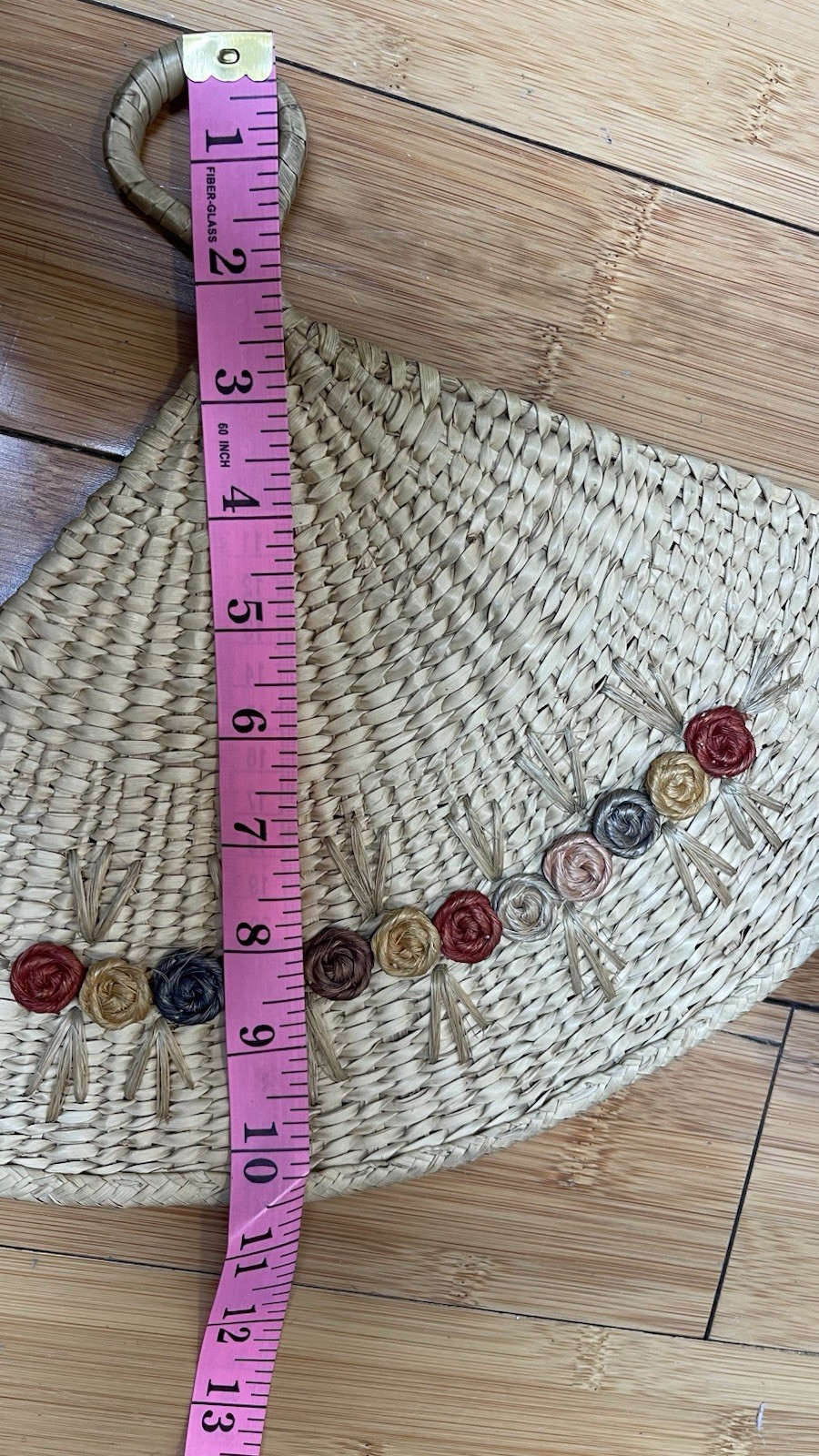 Hand Woven Natural straw Fan W Palm Leaf Flowers Small Loop For Holding