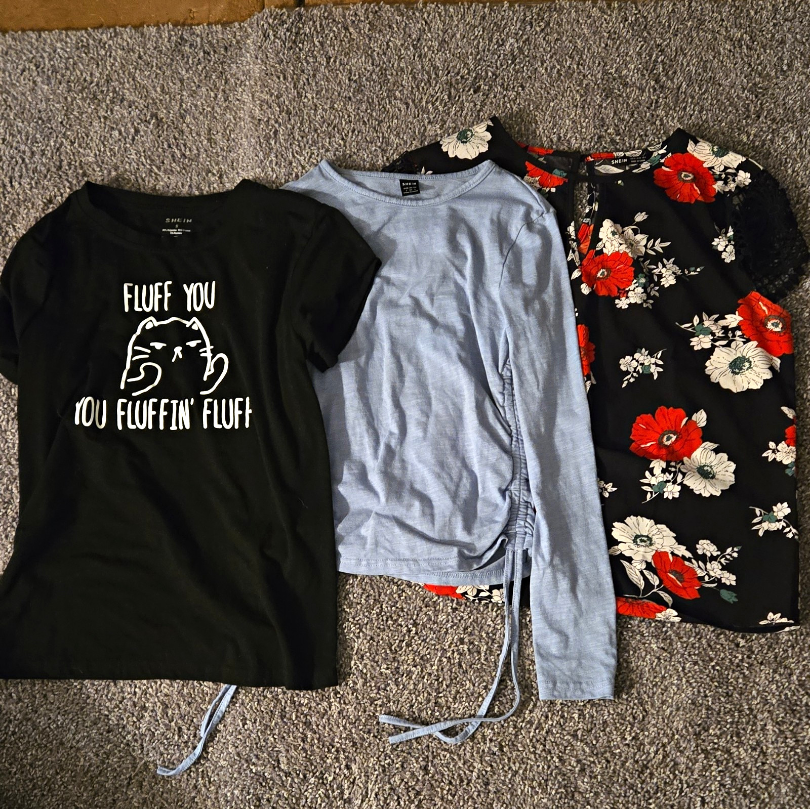 SHEIN Women’s 3pc Top Lot Size S Graphic Tee Long Sleeve Ruched Floral Blouse