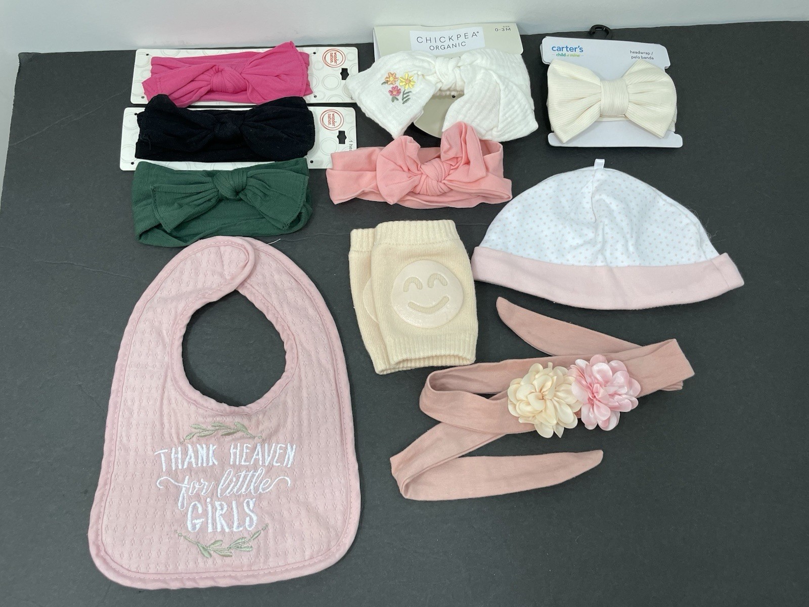 Lot Of Baby Girl Items 7 Headbands A Hat Bib & Knee Pads