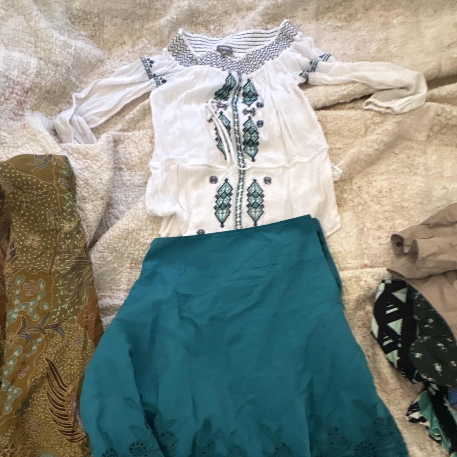 Neiman Marcus Embroidered Peasant Top + Avalable Teal Silk Skirt Size S