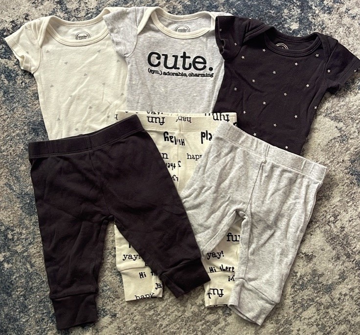 0-3 Months Wonder Nation 6pc Unisex Baby Bodysuits & Pants Lot Gray Black White
