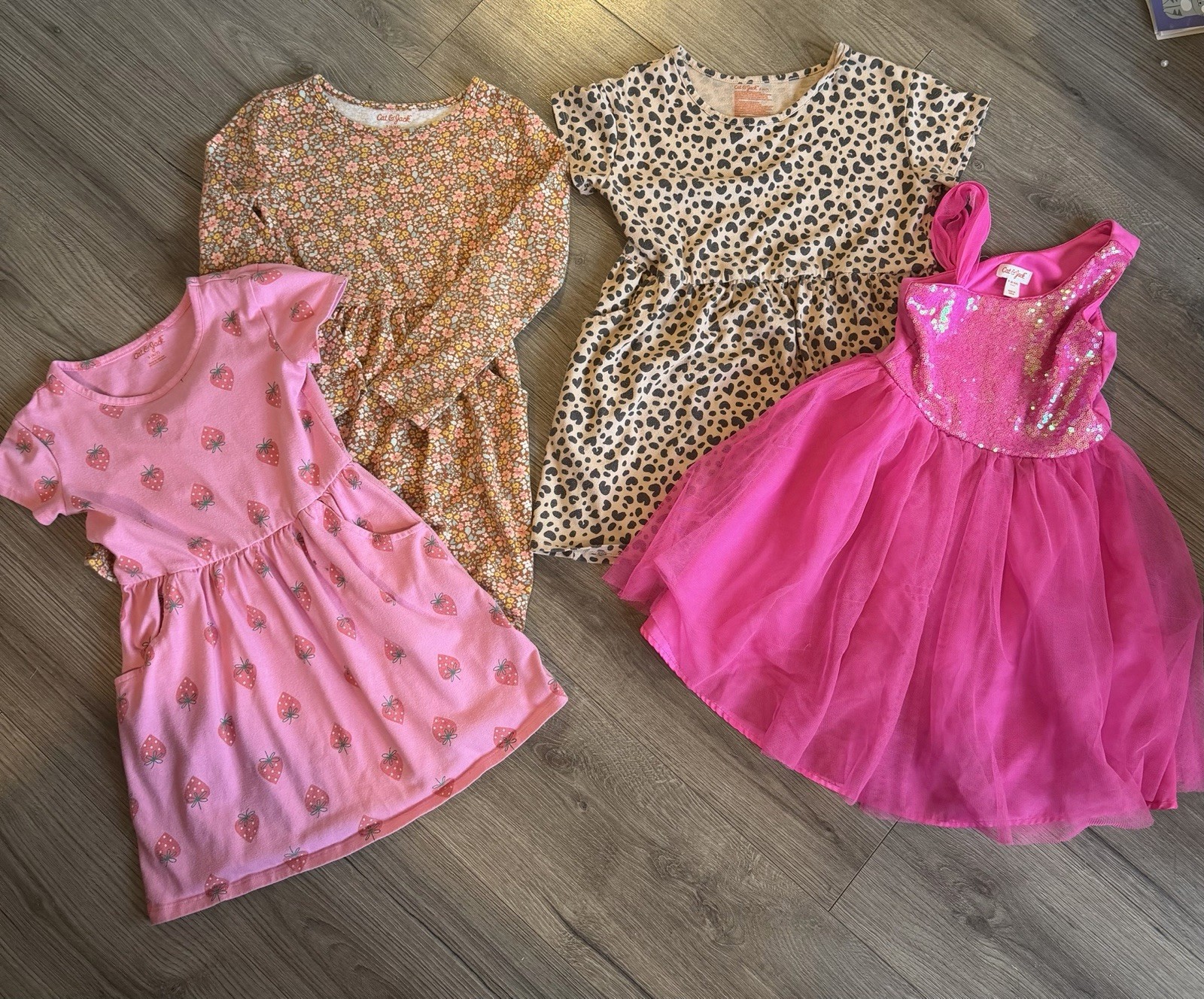 Cat & Jack Girls Dress Lot 4 Size S (6/6X) Pink Floral Animal Print Strawberry