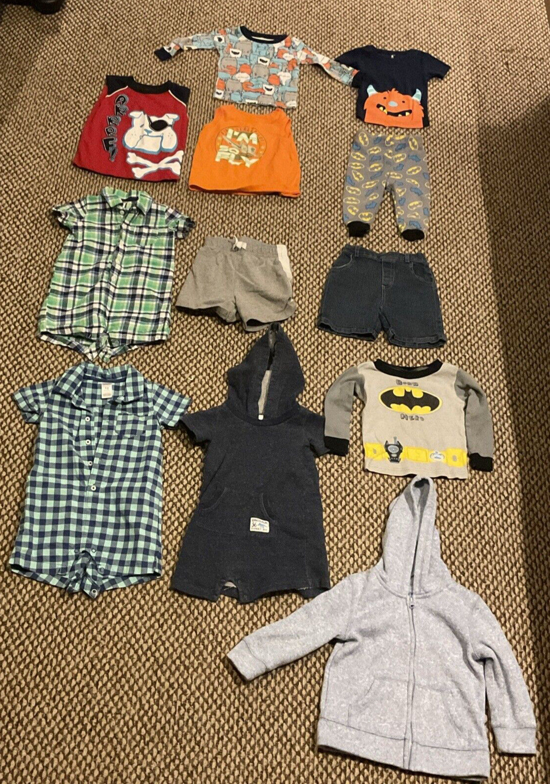 Lot of 12 Boys 18 Month Mixed Clothes Batman Romper Monster Bulldog Summer Night