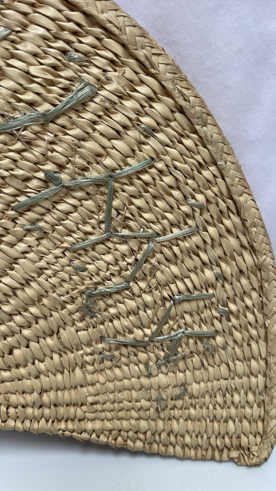 Hand Woven Natural straw Fan W Palm Leaf Flowers Small Loop For Holding