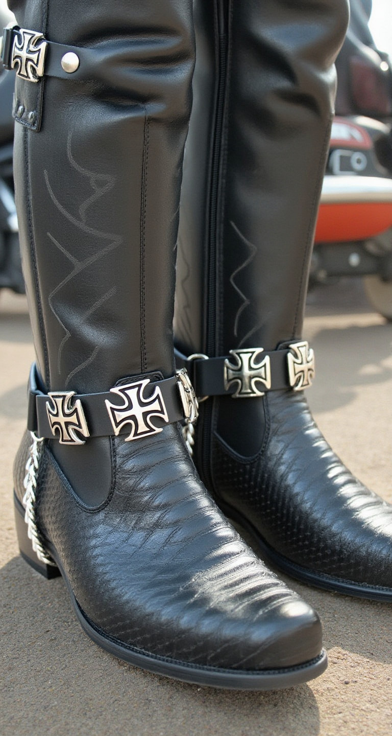 Men Biker Chain Black Faux Leather Bands Boots 2 Straps Maltese Cross Charms