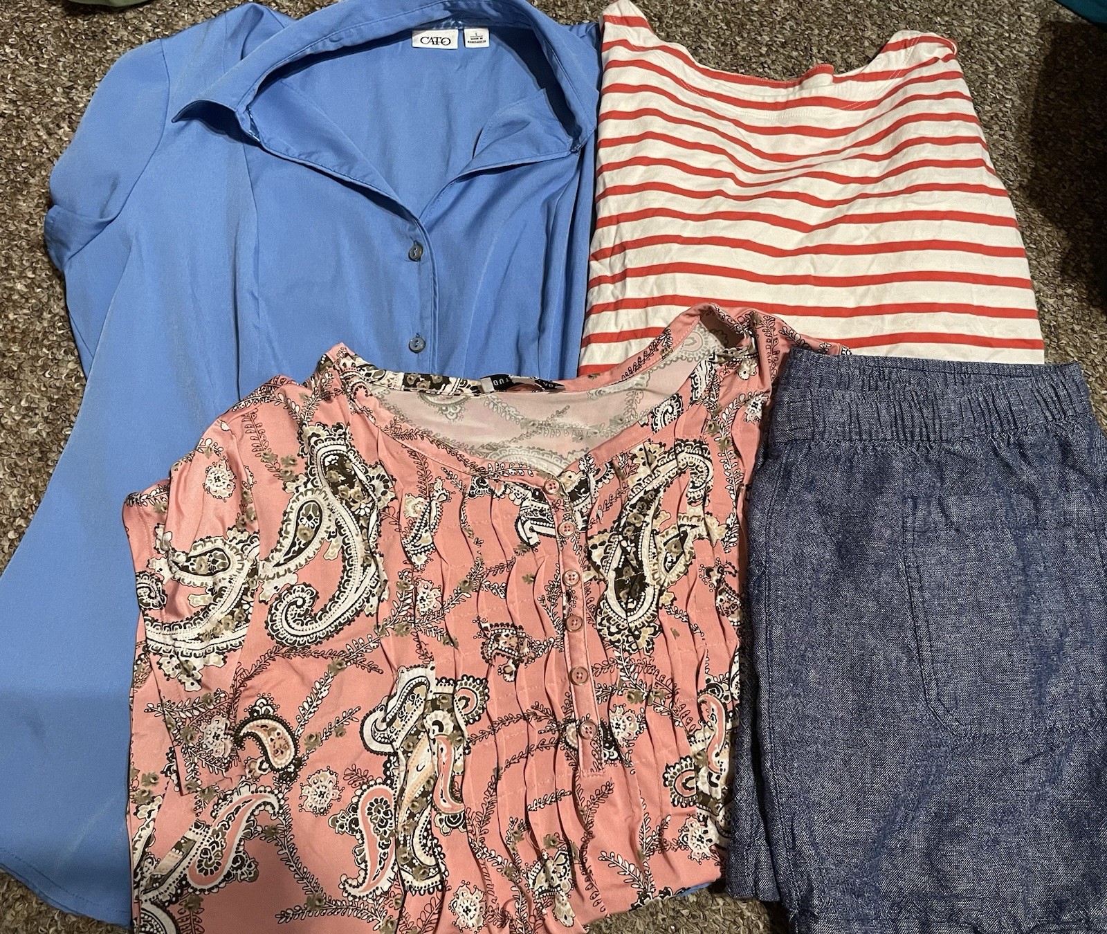 Cato Blue Top L, Southern Lady Pink Paisley Top L, Old Navy Red Top & Shorts L