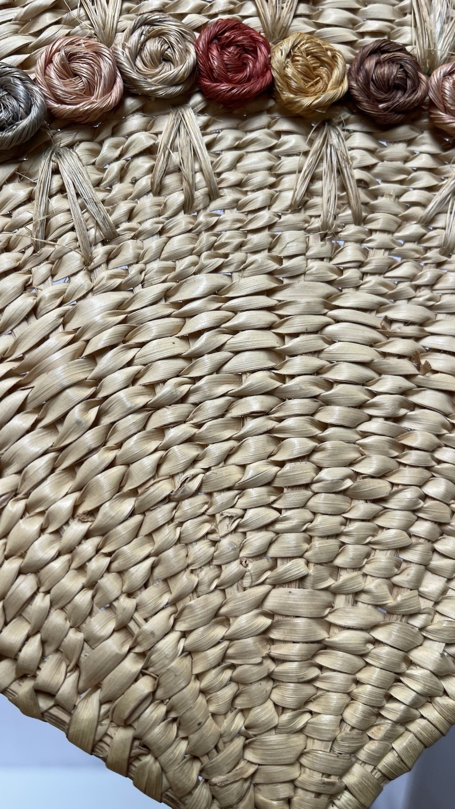 Hand Woven Natural straw Fan W Palm Leaf Flowers Small Loop For Holding