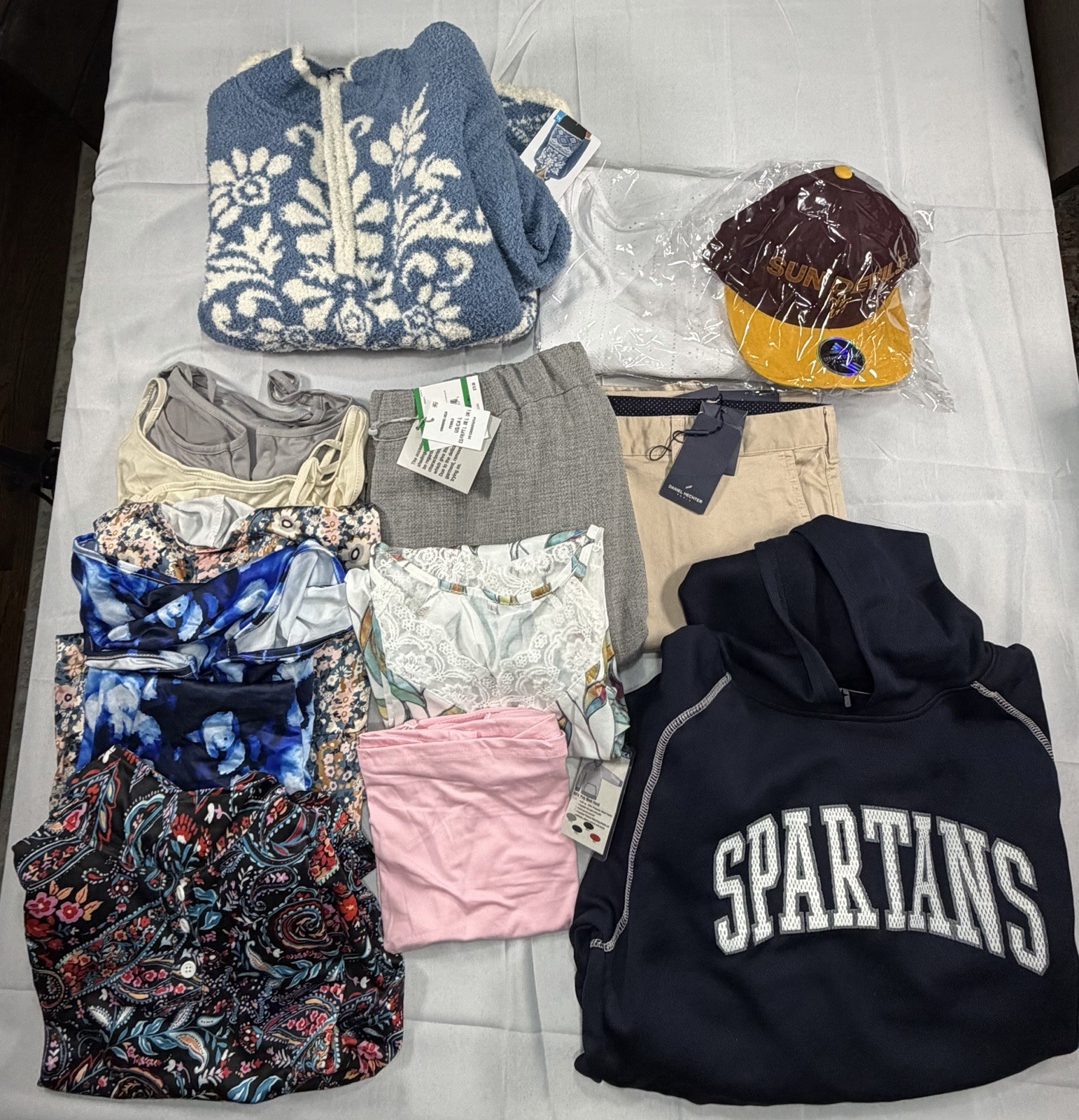 Mixed Clothing Lot NWT + NWOT Women’s Mens Tops Pants Hoodie 13 Pieces Bundle