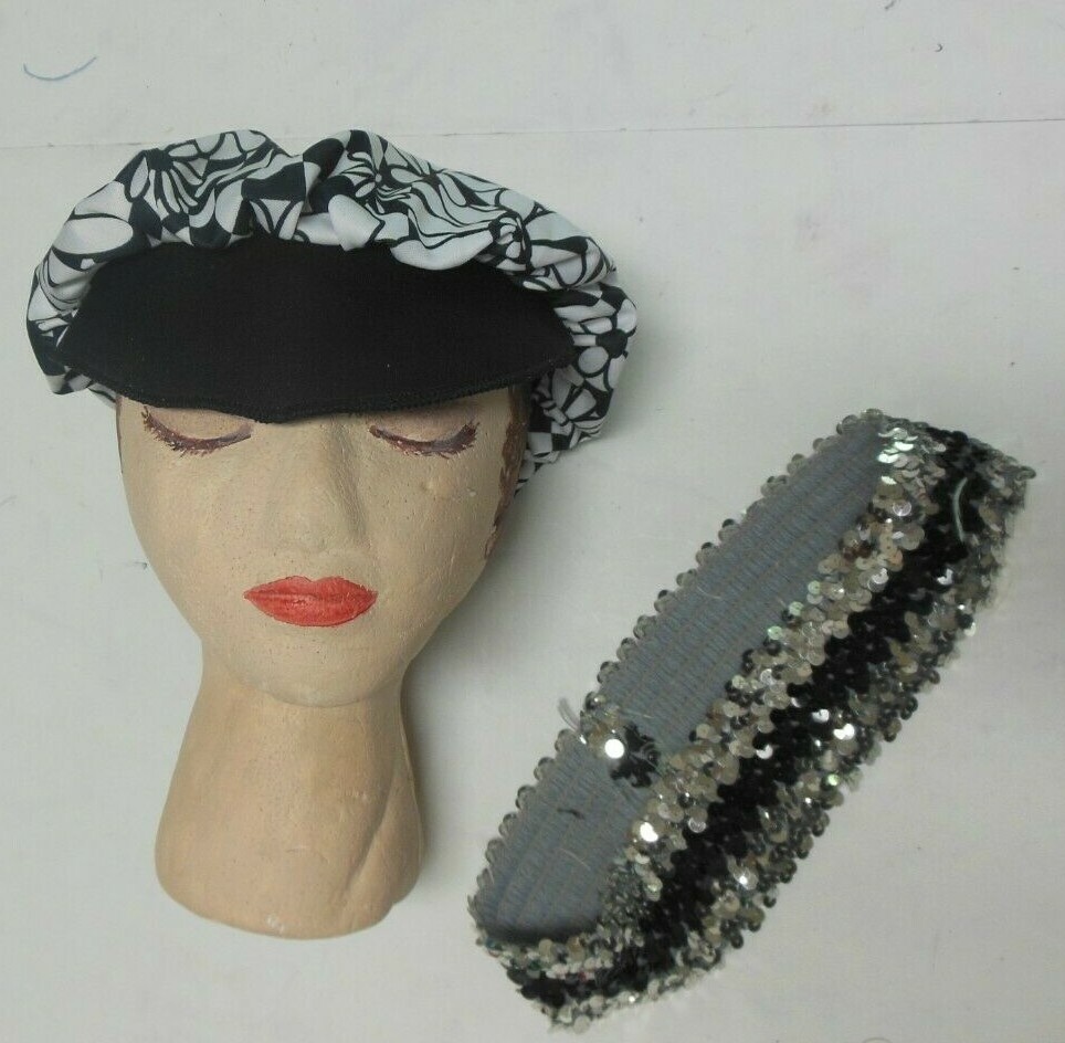 Print Newsboy cap 70&rsquo;s feel M/L adult sequin belt black silver white