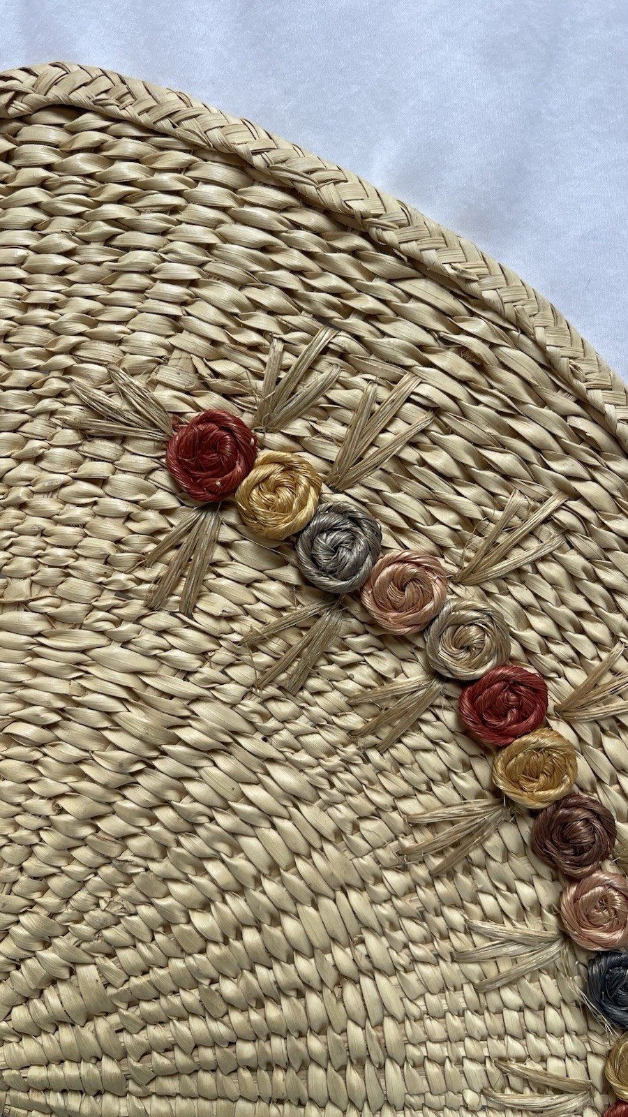 Hand Woven Natural straw Fan W Palm Leaf Flowers Small Loop For Holding