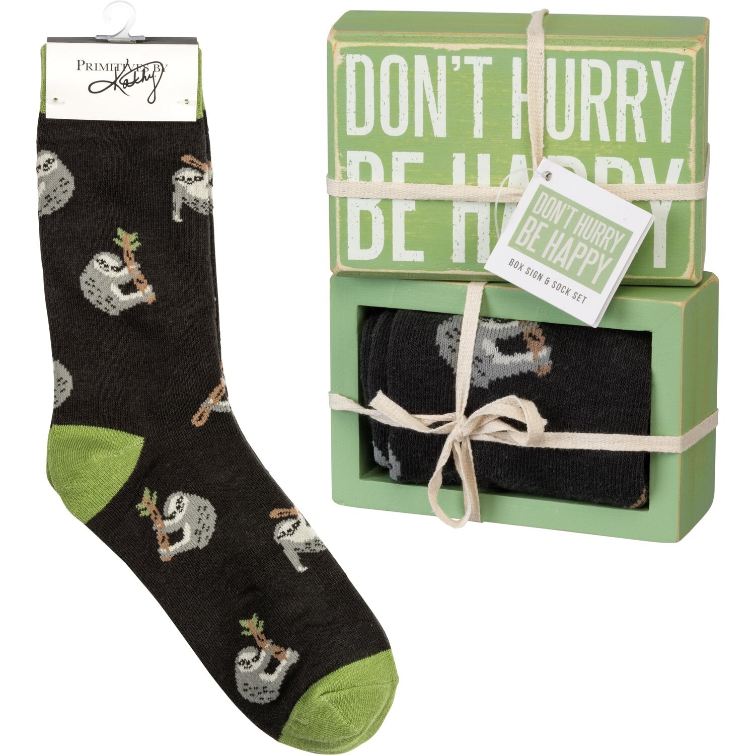Don&rsquo;t Hurry Be Happy Sloth Socks & Box Sign Gift Set – Primitives by Kathy