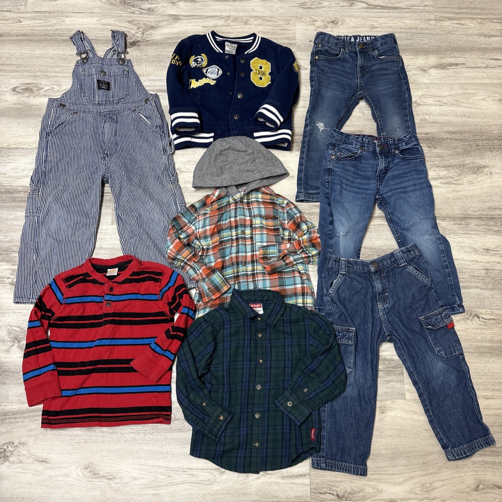 Boys 3T Clothes Lot 8pc Jeans Railroad Overalls Shirts Varsity Jacket Engineer