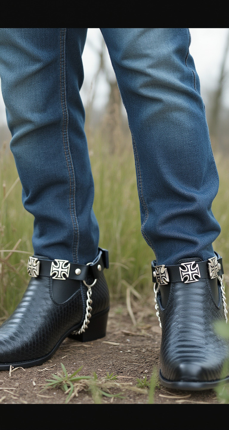 New Men Biker Chain Black Faux Leather Bands Boots 2 Straps Maltese Cross A PAIR