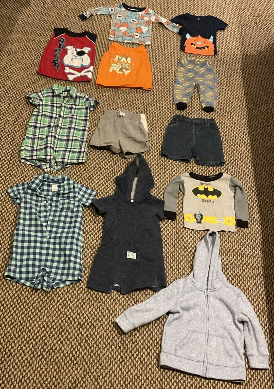 Lot of 12 Boys 18 Month Mixed Clothes Batman Romper Monster Bulldog Summer Night