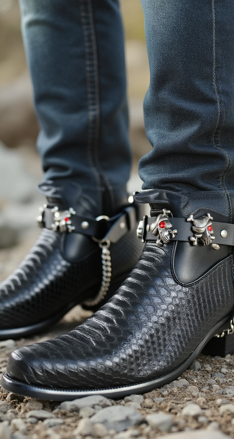 Men Shoe / Boot Straps Silver Chain Pair Black Faux Leather Pirate Skull Charms