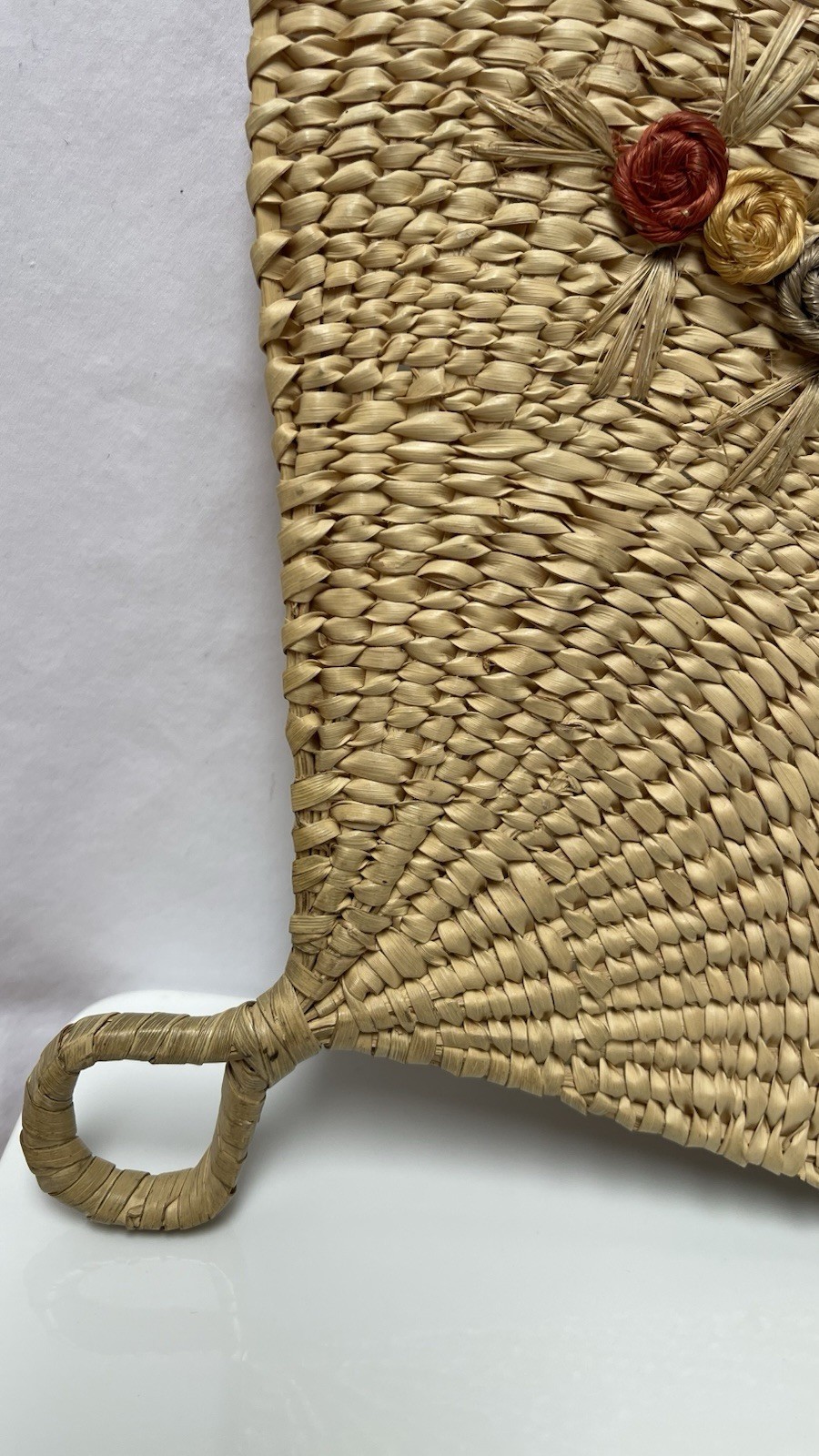 Hand Woven Natural straw Fan W Palm Leaf Flowers Small Loop For Holding