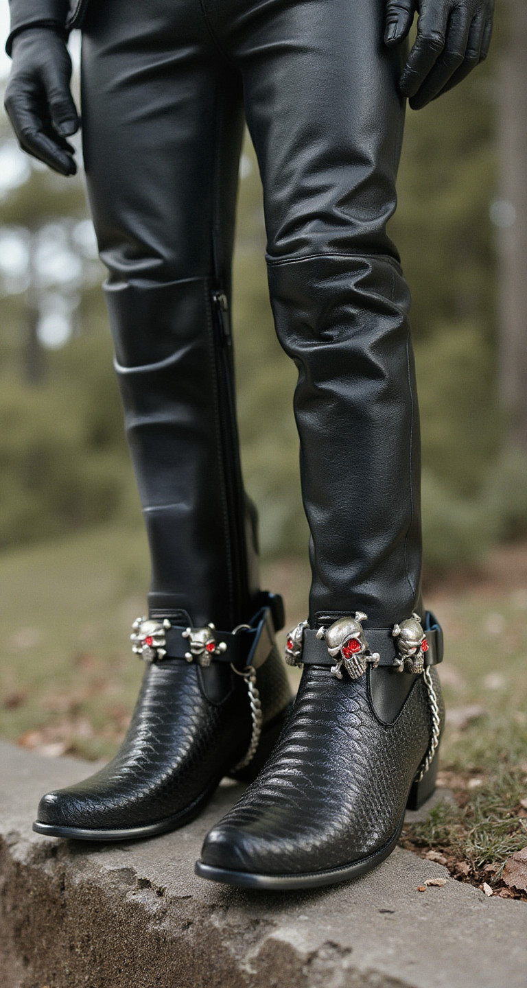Men Boot Straps Silver Chain Pair Black Faux Leather Pirate Skull Charms Rocker