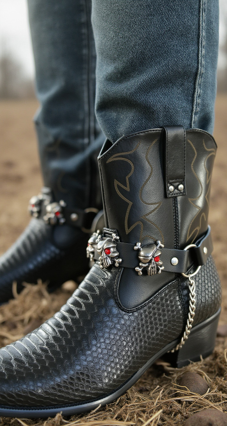 Men Boot Straps Silver Chain Pair Black Faux Leather Pirate Skull Charms Rocker