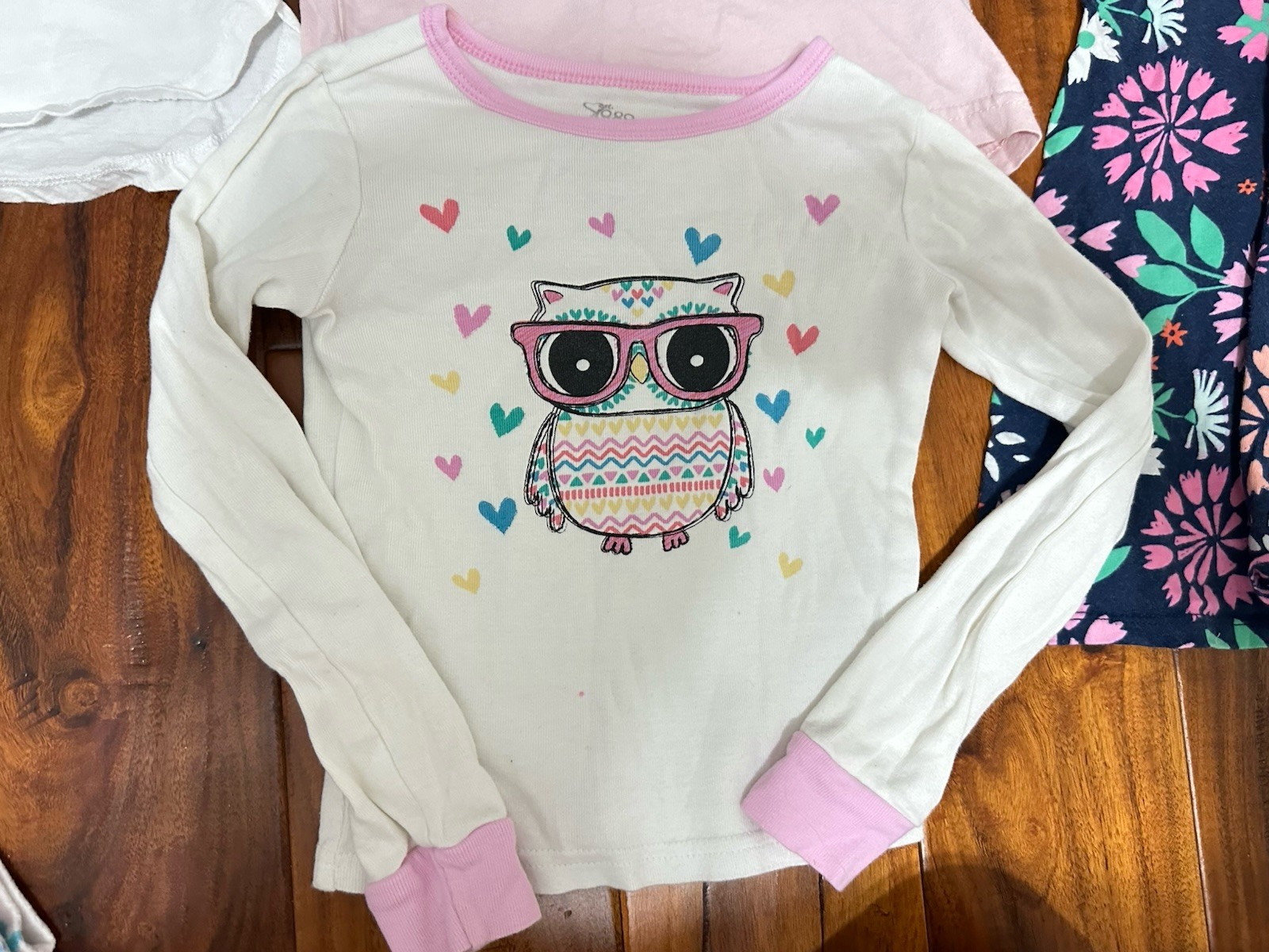 Girls 5 Piece Lot Pajamas Shirts Dress Pants Owl Hearts Flowers Size 4 4T