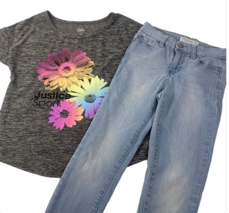 Justice Sport Girls Medium Gray Marled T-shirt & Celebrity Pink Jeans SZ 10 2 PC