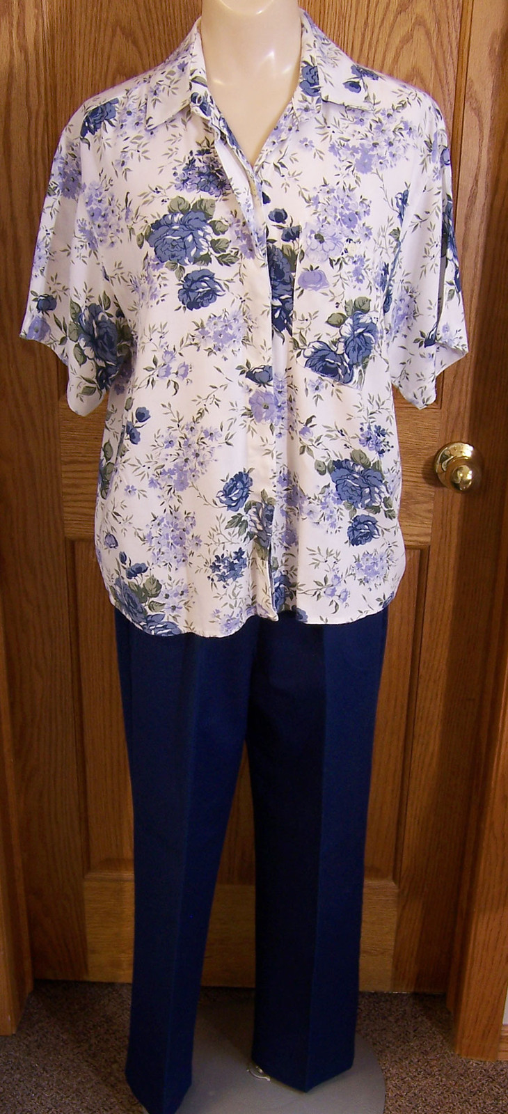 Capacity Petites Womens Blue & White Rayon Floral Blouse Shirt with Pants P/M 14