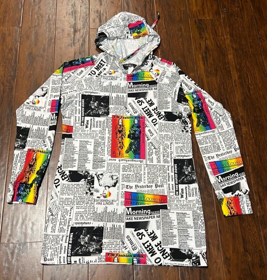 Women&rsquo;s Objex 1990 90&rsquo;s Fashion News Print Shirt Hoodie Stretchy Size M/L