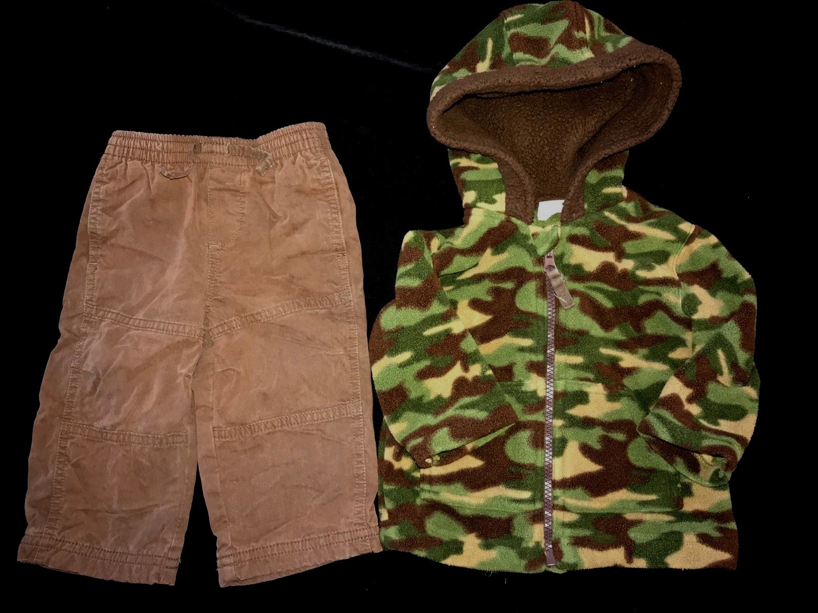 baby boys THICK FLEECE CAMOUFLAGE HOOD JACKET brown PANTS BOTTOMS 12 MO lined @@