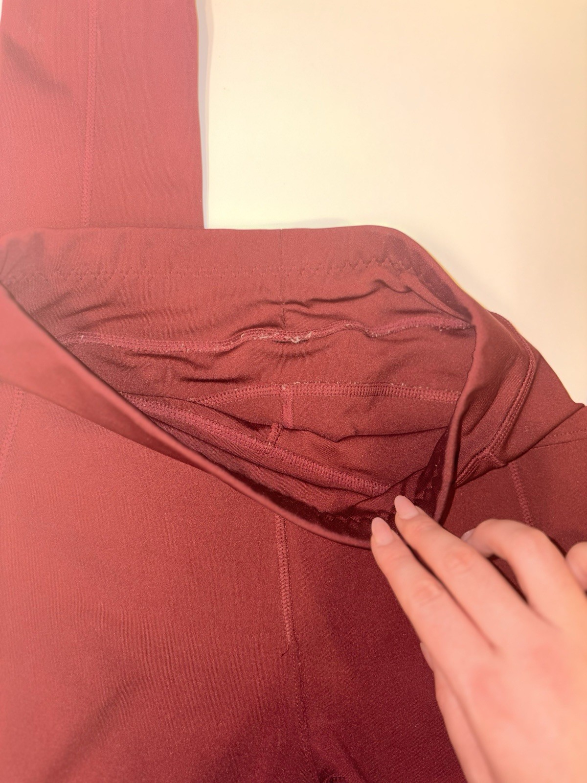 High-Waisted Burgundy Athletic Leggings — Side Pockets — Approx. Size S