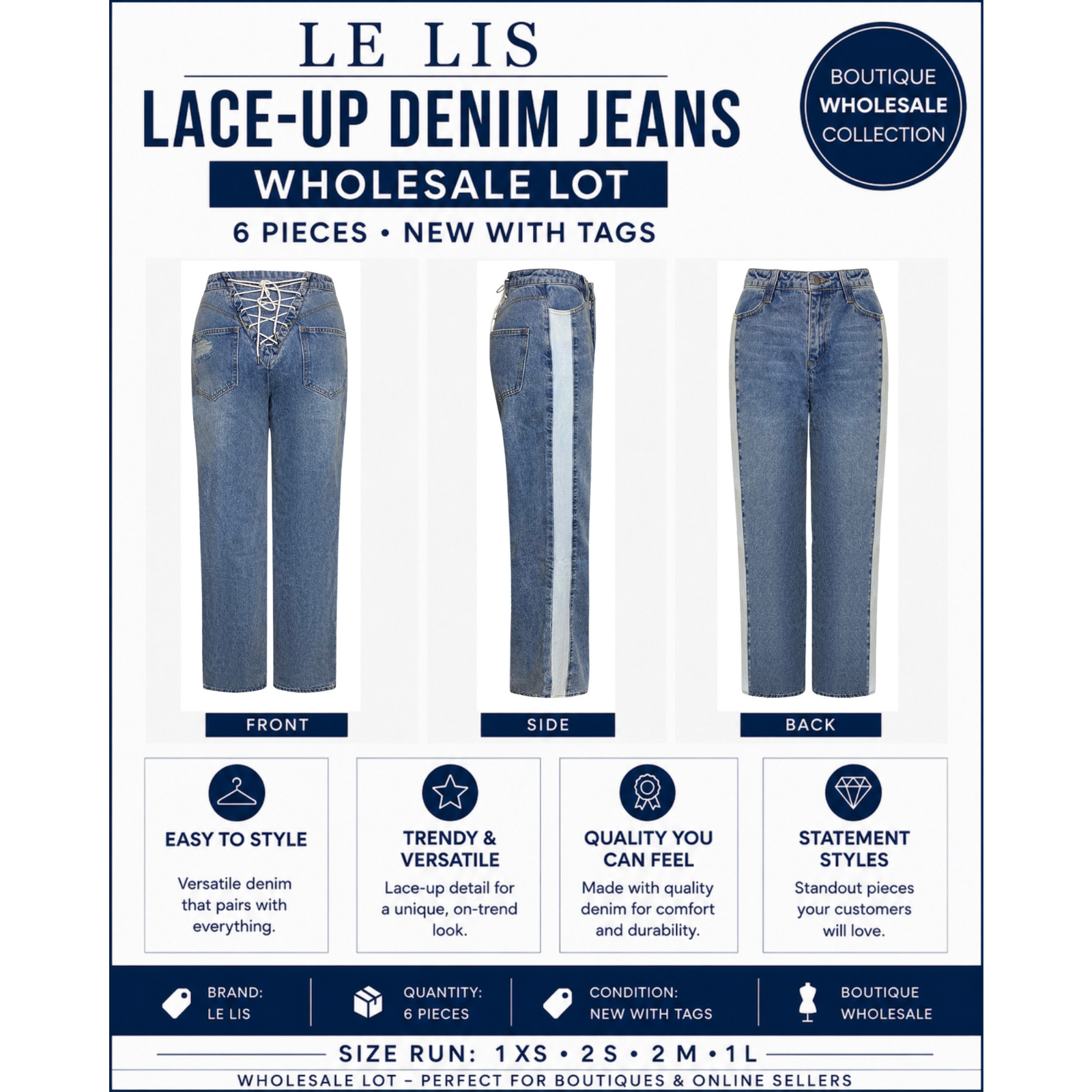 Women&rsquo;s Boutique Denim Jeans Wholesale Lot 6 Pc Same Style NWT