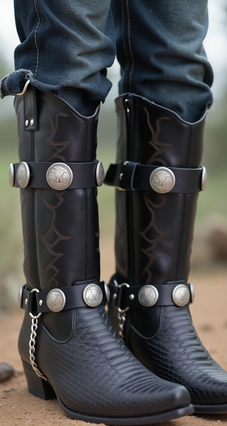 Men Boots Silver Chain Black Faux Leather 2 Straps American Eagle Charms Western